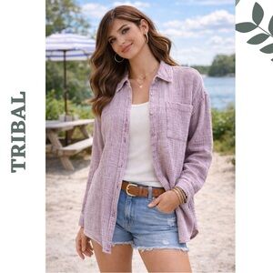 Tribal Jeans Gauze Button-Down Shirt XS NWT Grape Cotton